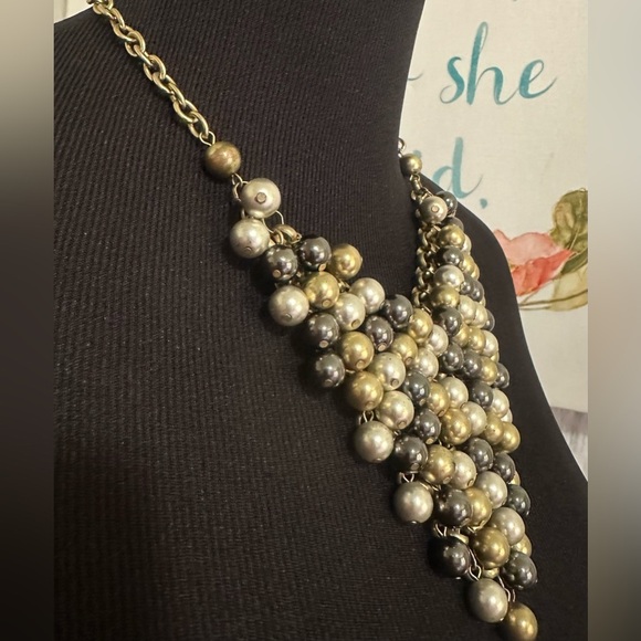 Gold, Silver And Black Bead Triangle Bib Necklace - Picture 2 of 7